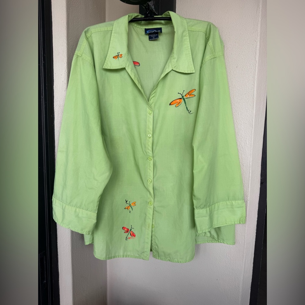 Las Olas Women Green 3/4 Cuffed Sleeve Blouse Collar Multicolored Dragonflies 1X